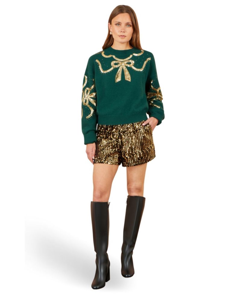 Women's Sequin Bow Long-Sleeve Knit Sweater