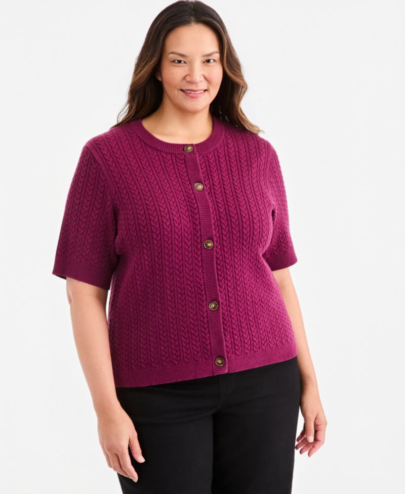 Petite Cable-Knit Short-Sleeve Crewneck Cardigan