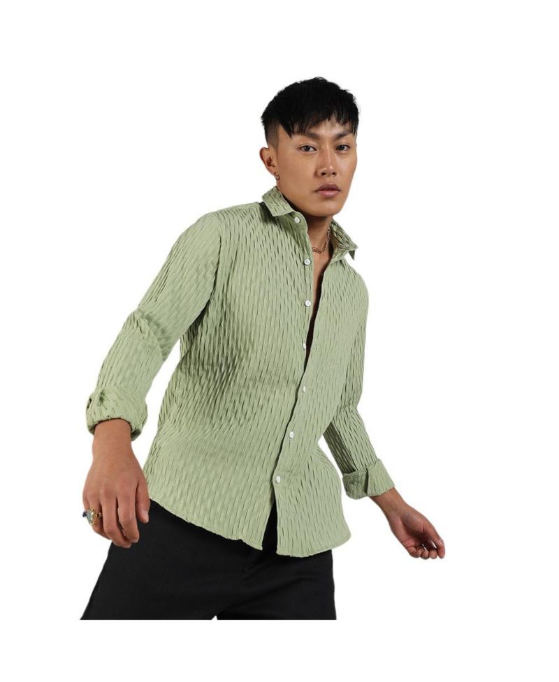 Men's Pistachio Green Crinkled-Weave Shirt