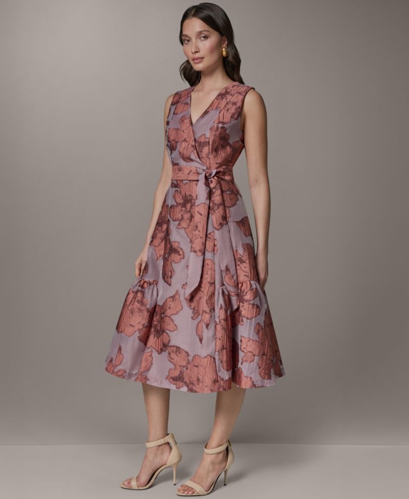 Women's Sleeveless Jacquard Faux Wrap V-Neck Floral Midi A-Line Dress