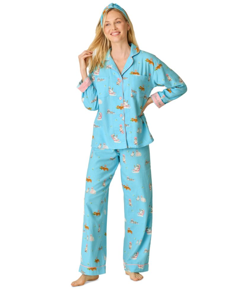 Women's Flannel Long-Sleeve Print Top and Pants, 2-Piece Set