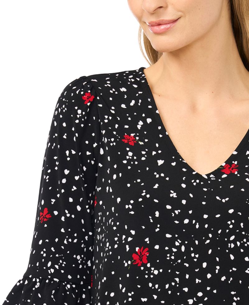 Women's Print V-Neck 3/4-Sleeve Ruffled Cuff Blouse