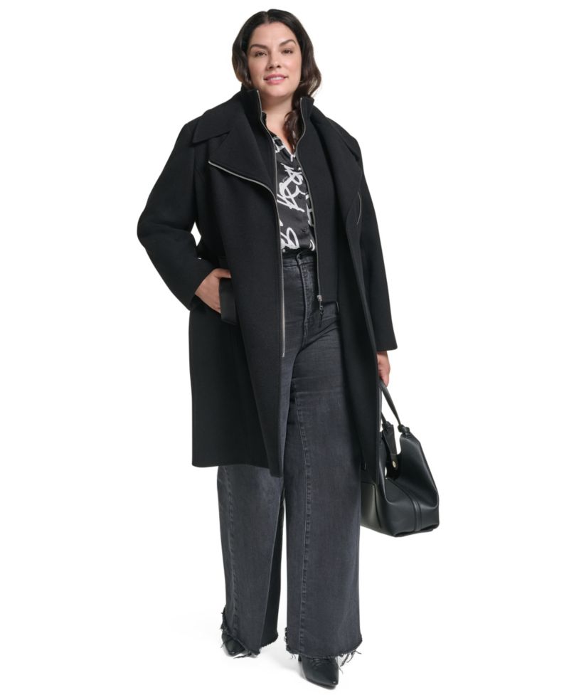Plus Size Wool-Blend Belted Wrap Coat with Bib