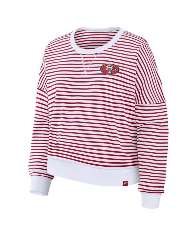 Women's White/Scarlet San Francisco 49ers Striped Oversized French Terry Sweatshirt