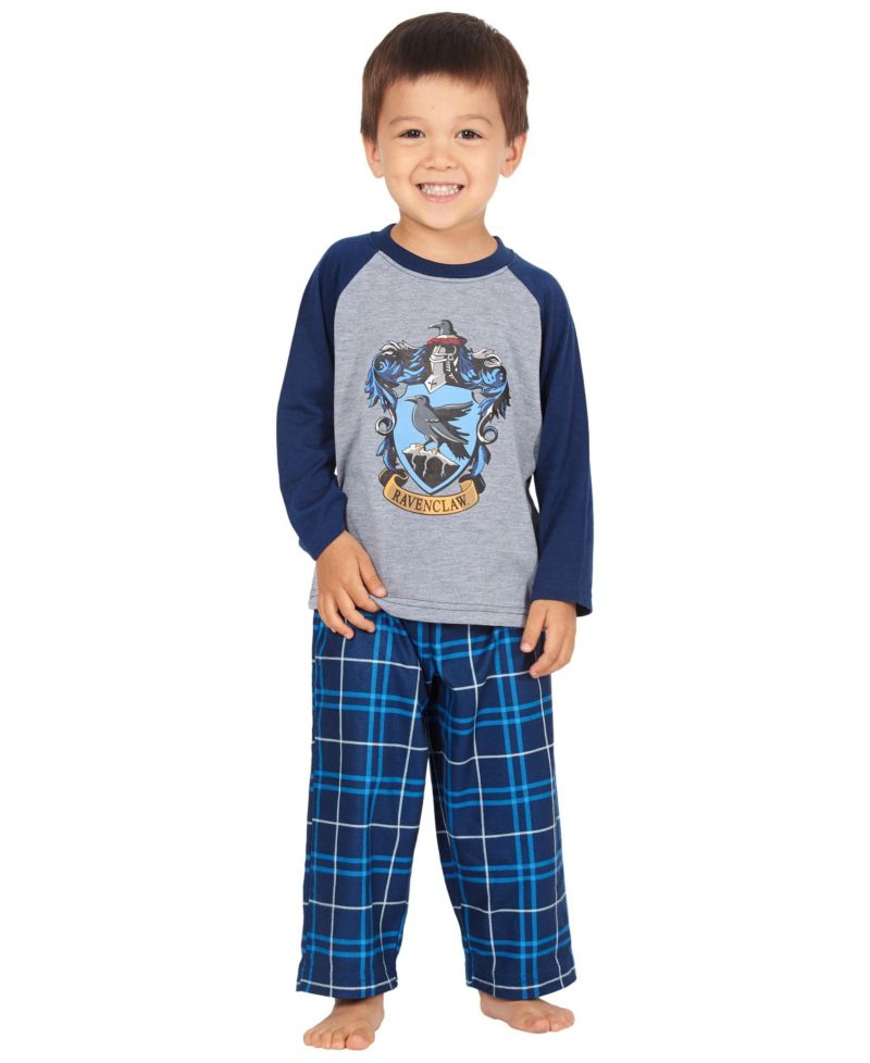 Boys' Plaid Hogwarts Houses Crest Raglan Kids 2Piece Pajama Set - Gryffindor Hufflepuff Slytherin Ravenclaw