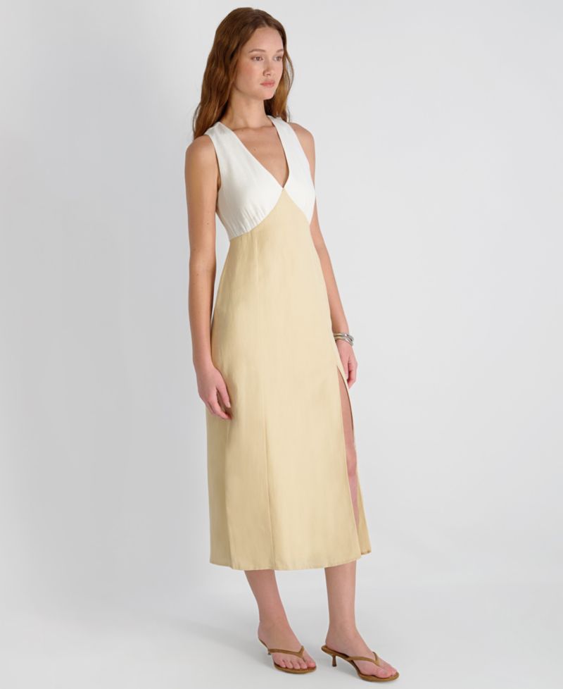 Women's Cooper Linen Contrast V-Neck Midi Dress