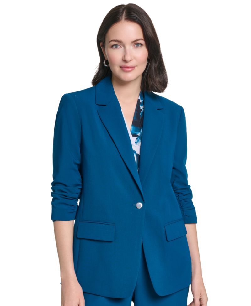 Women's Ruched 3/4-Sleeve Notch Collar One-Button Jacket
