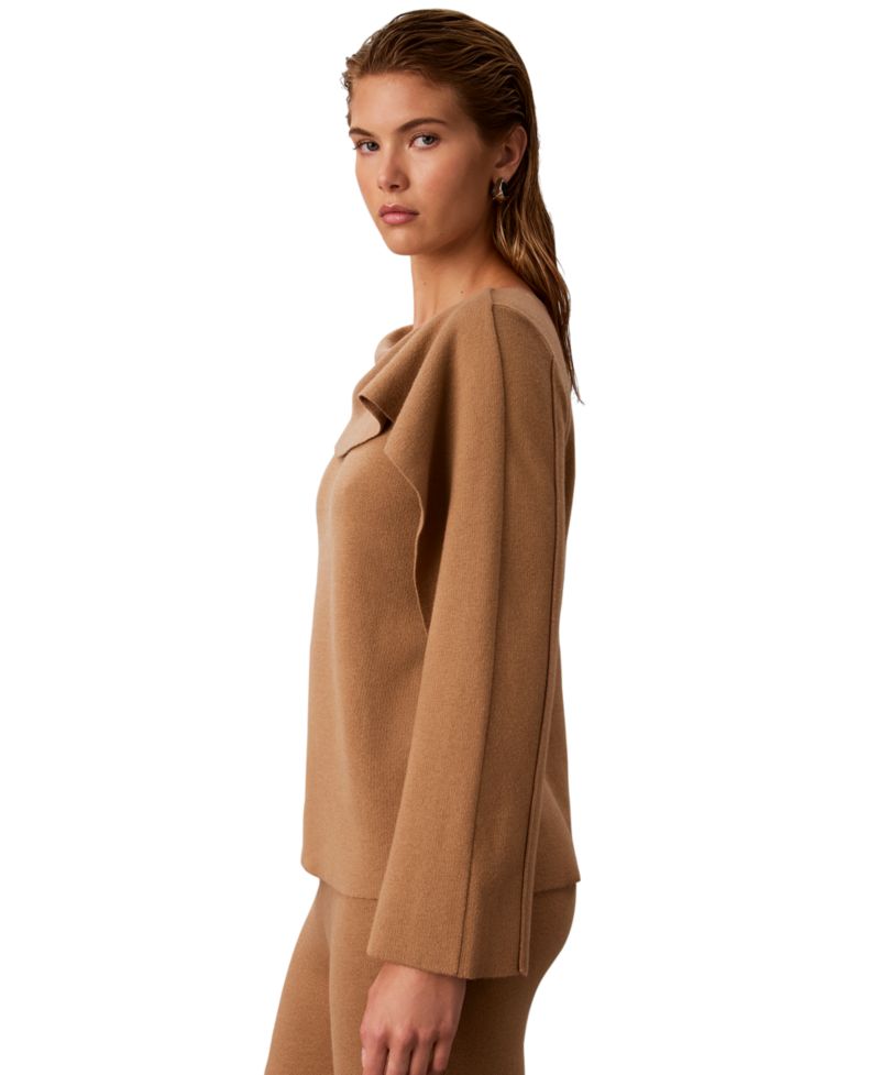 Petite Asymmetrical Drape Boat Neck Long-Sleeve Sweater