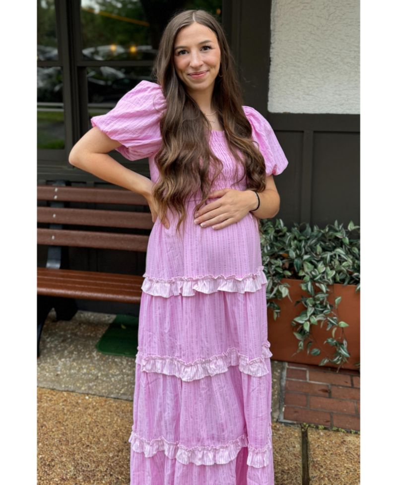 Women's Pink Smocked Ruffle Tiered Puff Sleeve Maxi Dress