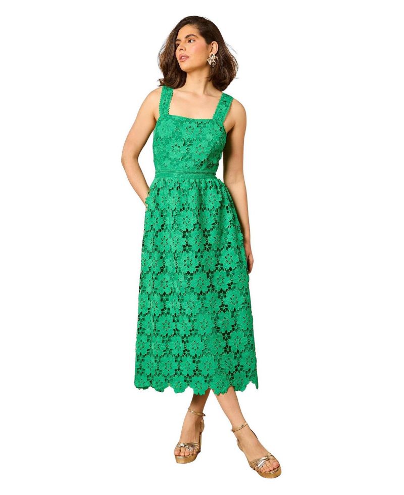 Women's Floral Lace Square Neck Midi Dress