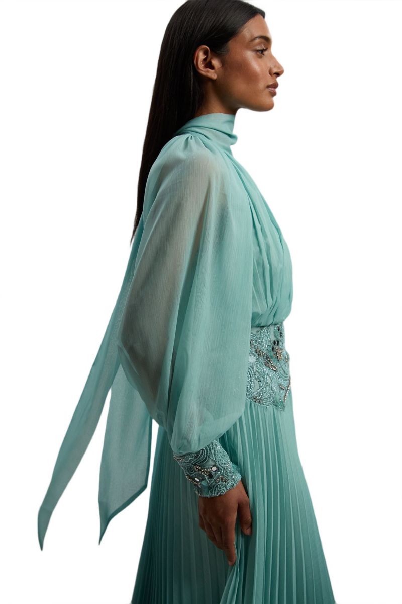 Women's Long Sleeve High Neck Pleated Maxi Dress