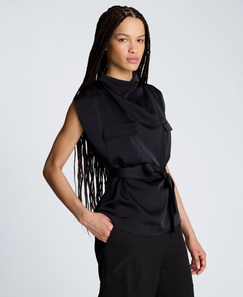 Women's Satin High Cowl Neck Tie Front Blouse with Chest Pockets