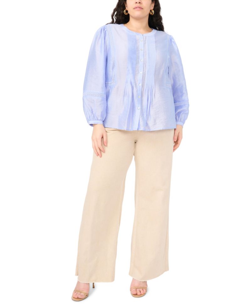 Plus Size Crewneck Pleated Front Long-Sleeve Blouse