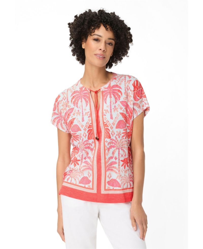 Women's Ornamental Botanic Print Split Neck T-Shirt
