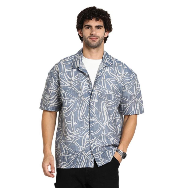 Men's Steel Blue Vine-Lines Resort Oversized Shirt