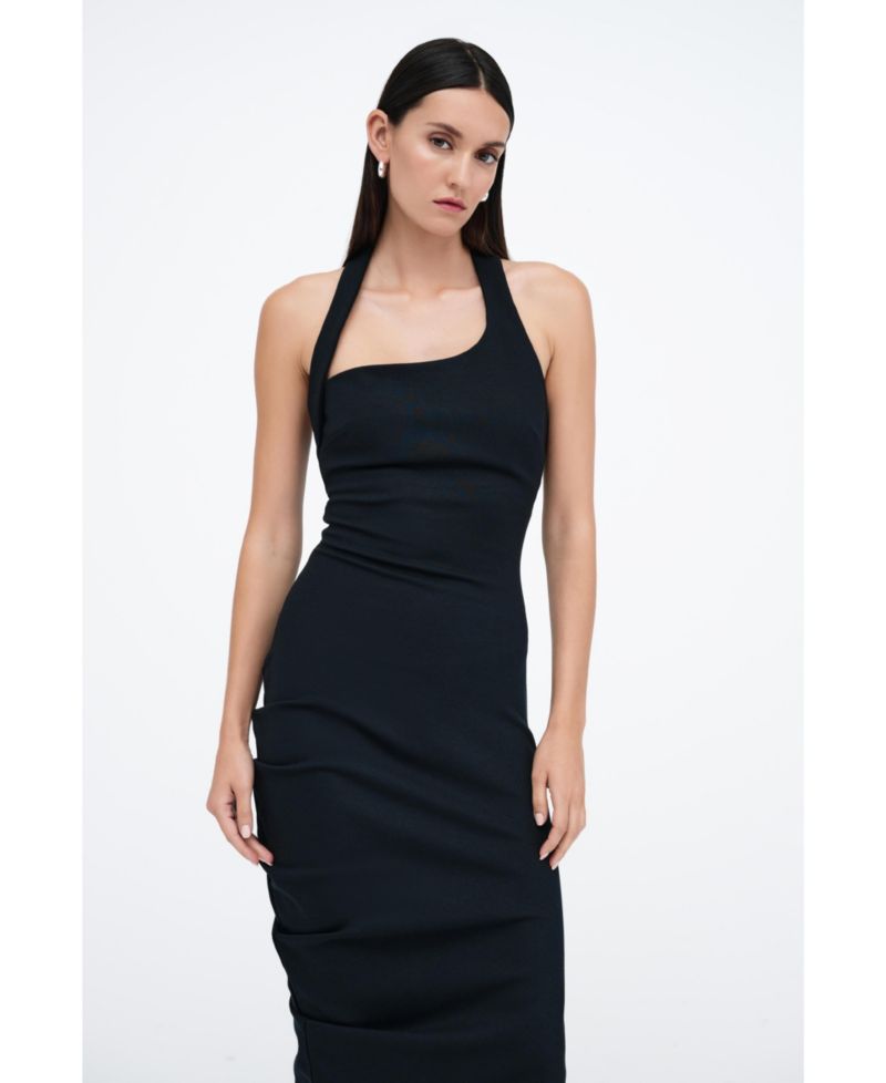 Women's Gallery Asymmetric-Drape Halter Open-Back Side-Slit Maxi Dress