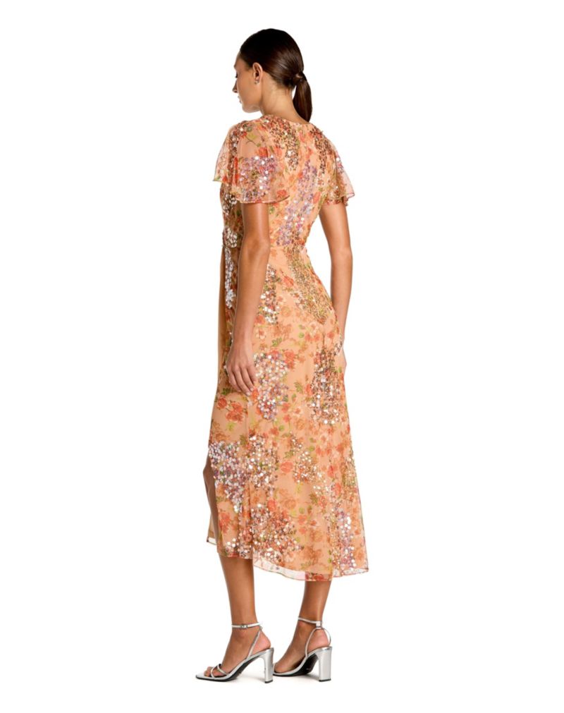 Women's Printed Mesh Flutter Sleeve Faux Wrap Midi Dress