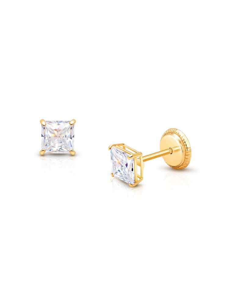 14K Gold Princess Cut Studs Screw Back Earrings