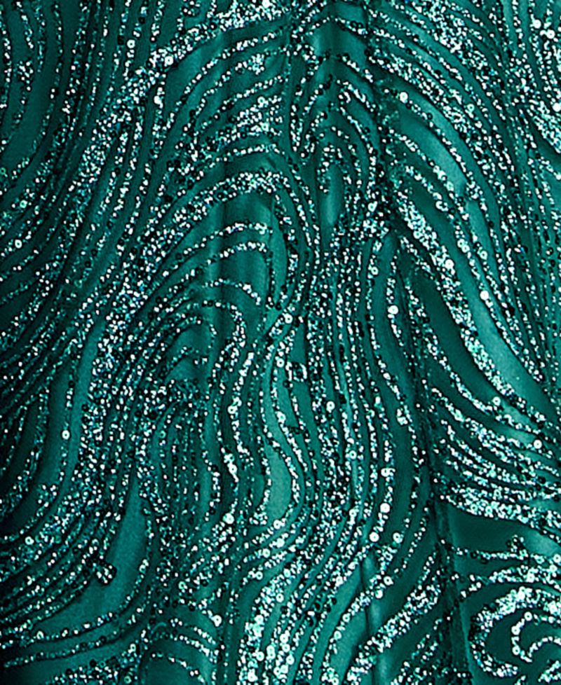 Juniors' Spaghetti Strap V Neck Glitter Pattern Gown with Lace Up Back