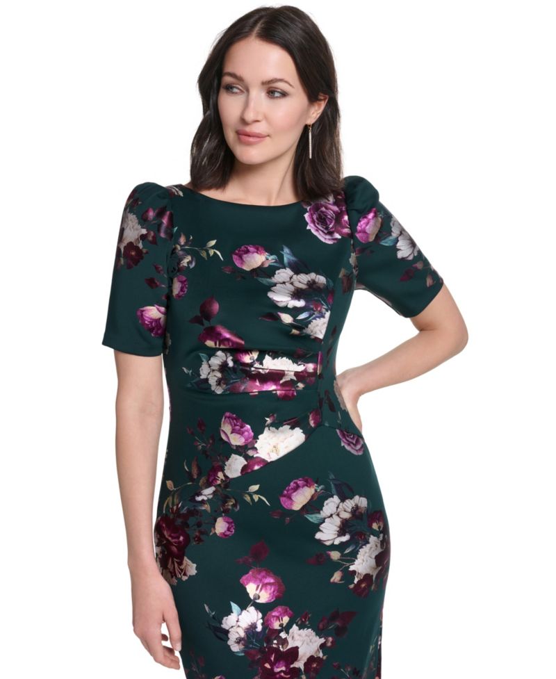 Petite Floral Boat Neck Elbow-Sleeve Gown