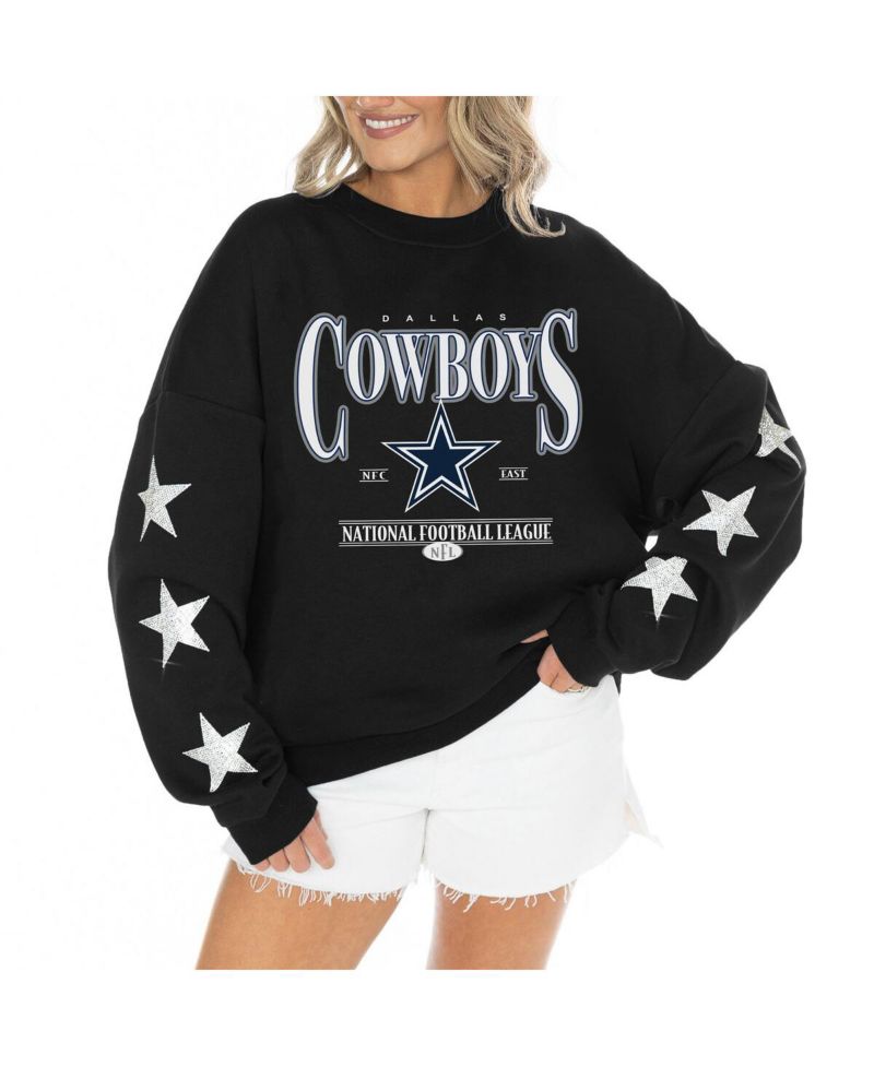 Women's Black Dallas Cowboys Rhinestone Star Sleeve Settle the Score Tri-Blend Pullover