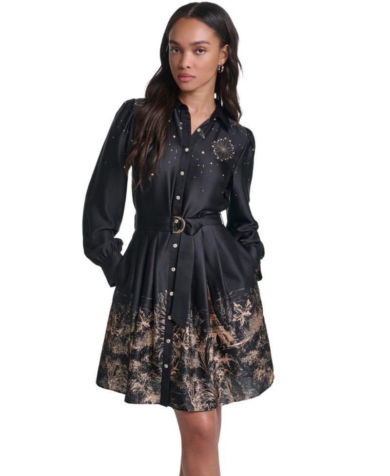 Women's Placed-Print Satin Long-Sleeve Dress