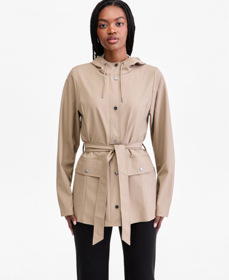 Women's Tie-Waist Snap-Front Hooded Rain Coat