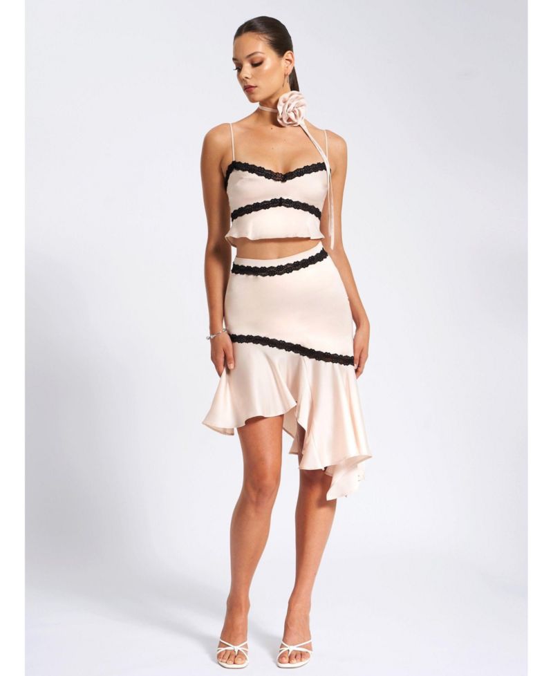 Women's Yareli Beige Lace Trim Satin Strappy Top