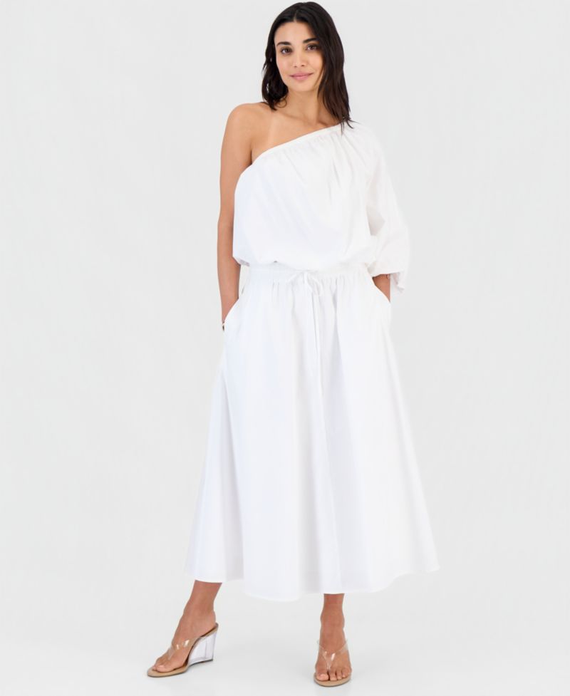 Petite Solid Pleated Drawstring Midi Skirt