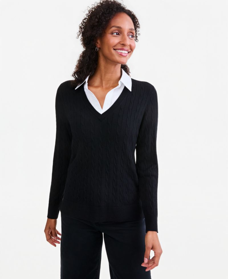 Women's Two-Fer Cable-Knit Collared Sweater