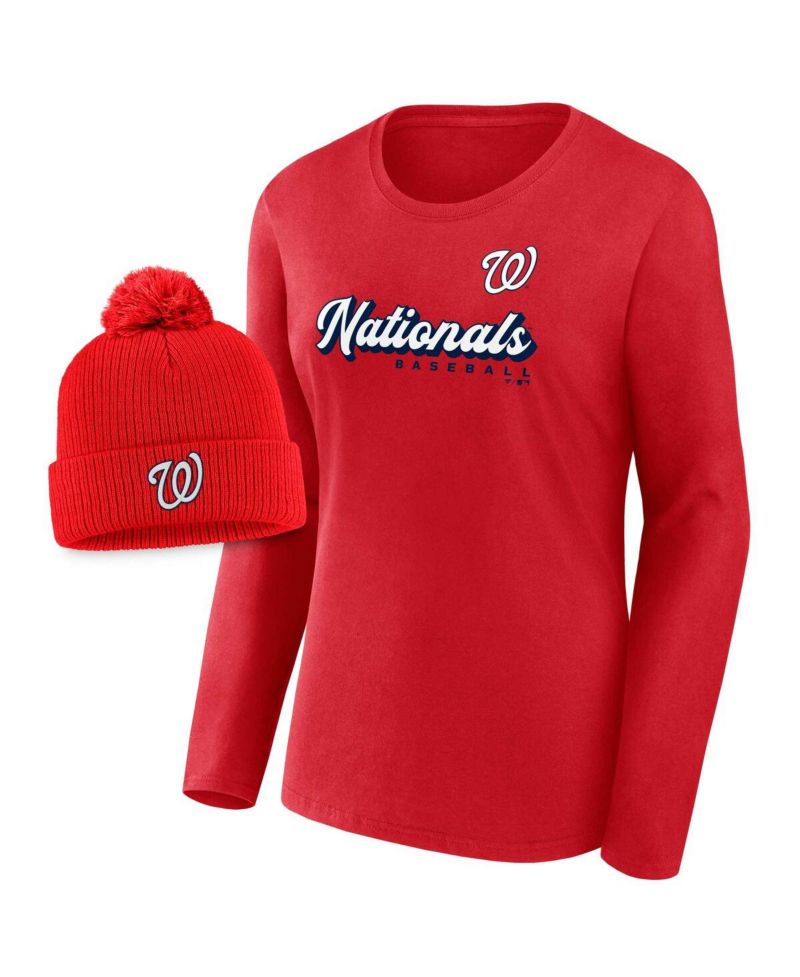 Women's Red Washington Nationals Run The Bases Long Sleeve T-Shirt & Cuffed Knit Hat with Pom Combo Set