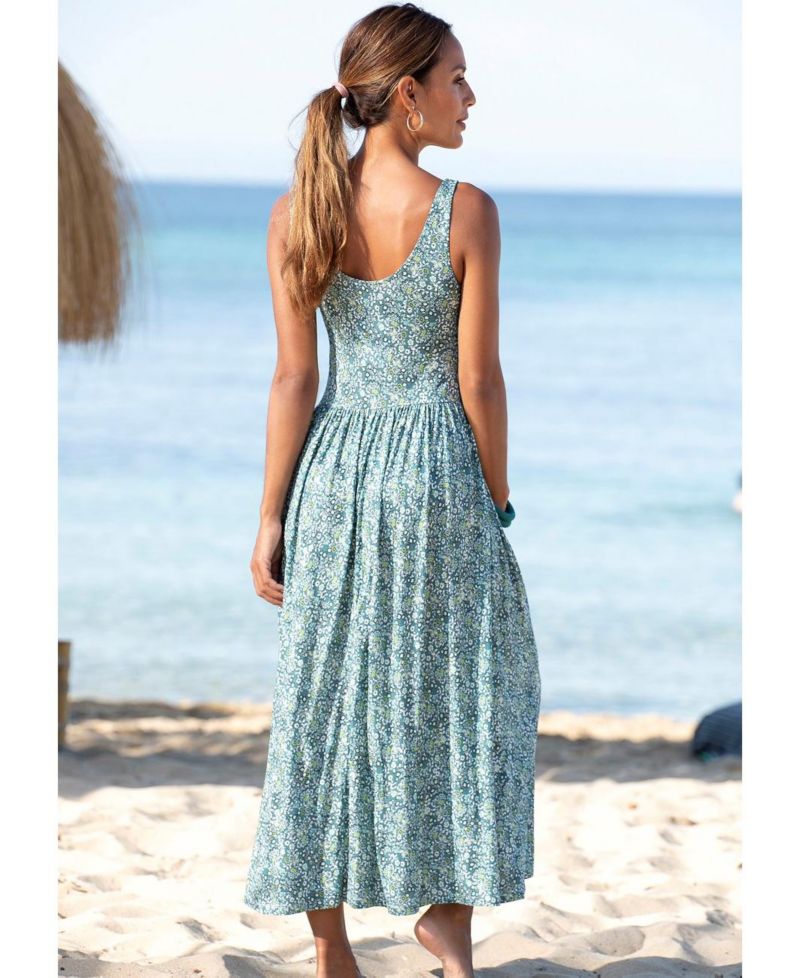 Women's Viscose Printed Scoop Neck A-Line Scoop-Neck Midi Dress