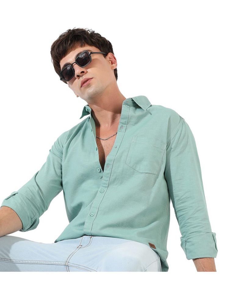 Men's Solid Aqua Green Regular Fit Casual Shirt
