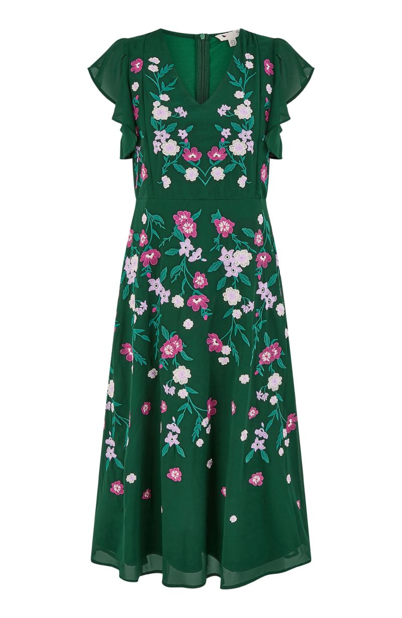 Women's Floral Embroidered V-Neck Midi Dress
