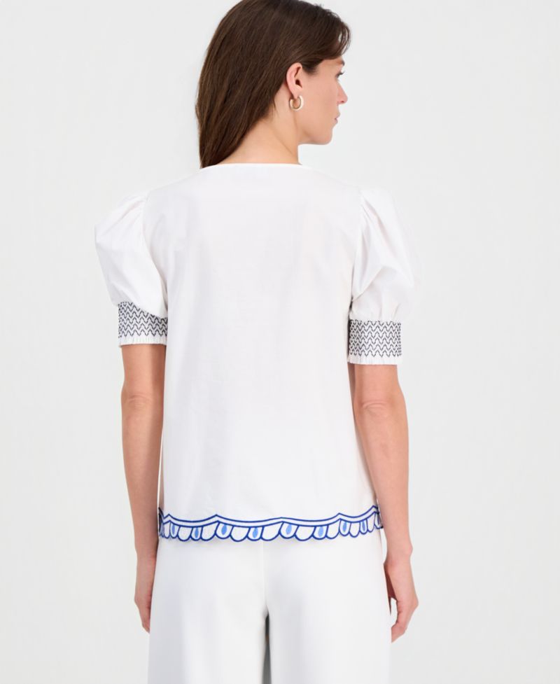 Women's Cotton Embroidered-Trim Split-Neck Top
