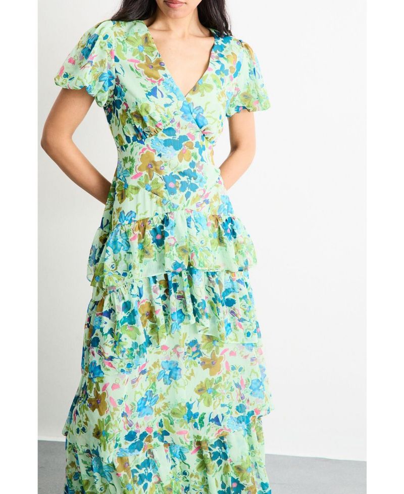 Women's Waist Puff Sleeve Tiered Midi Dress