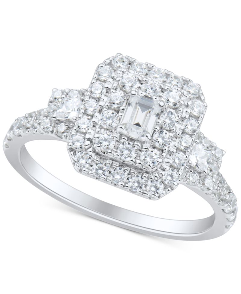 Diamond Emerald Double Halo Cluster Engagement Ring (1 ct. t.w.) in 14k White Gold