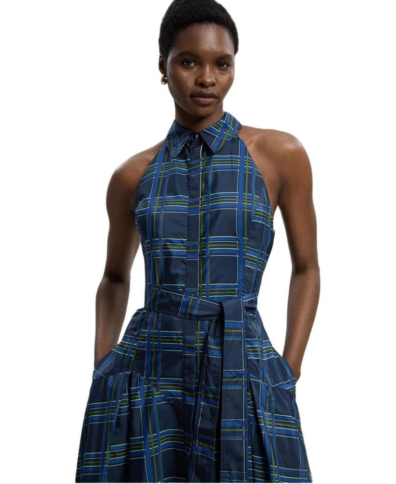 Women's Check Taffeta Belted Maxi Shirt Dress