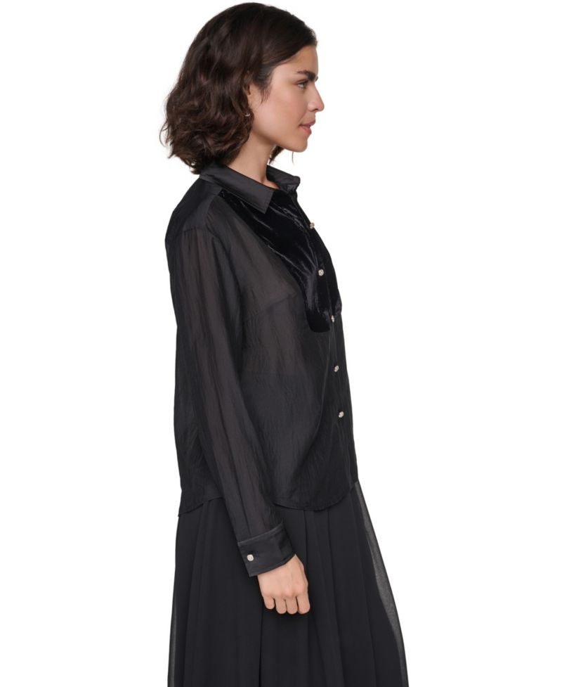 Petite Velvet Woven Long-Sleeve Point-Collar Blouse