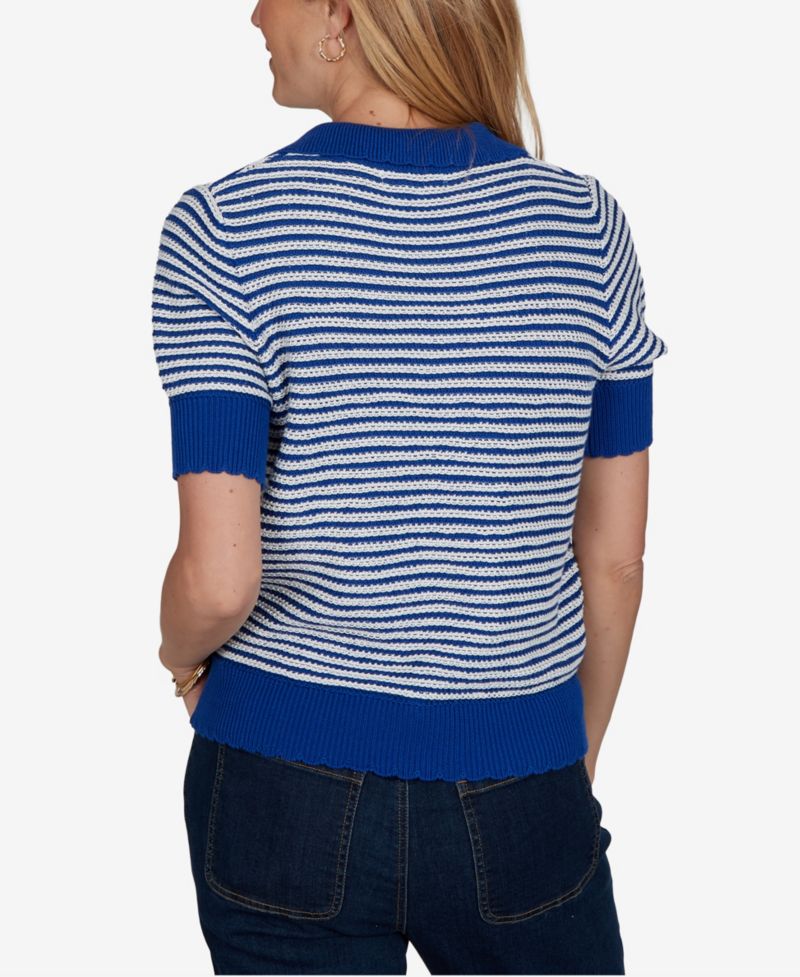 Petite Two-Tone Collared Elbow-Sleeve Sweater
