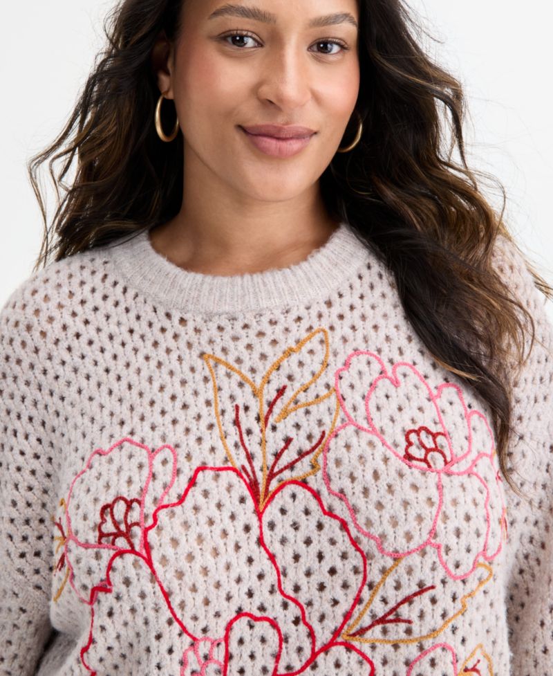 Plus Size Long Sleeve Floral Embroidered Sweater