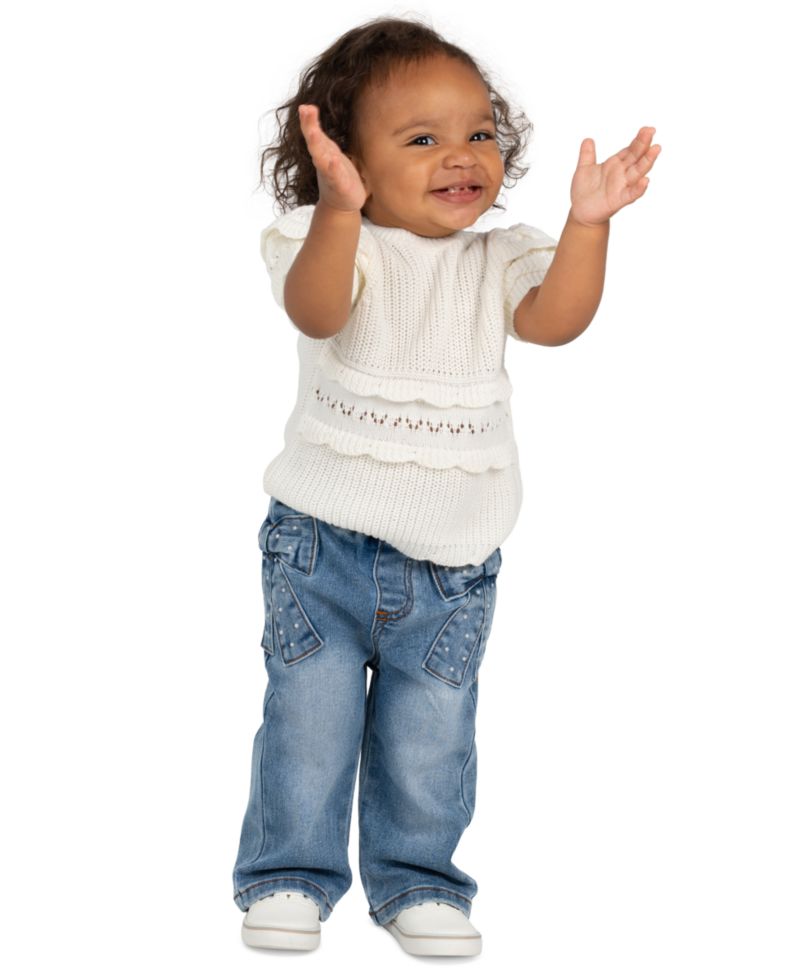 Baby Girls' Crochet Knit Short-Sleeve Sweater and Bow Print Pant, 2-Piece Set