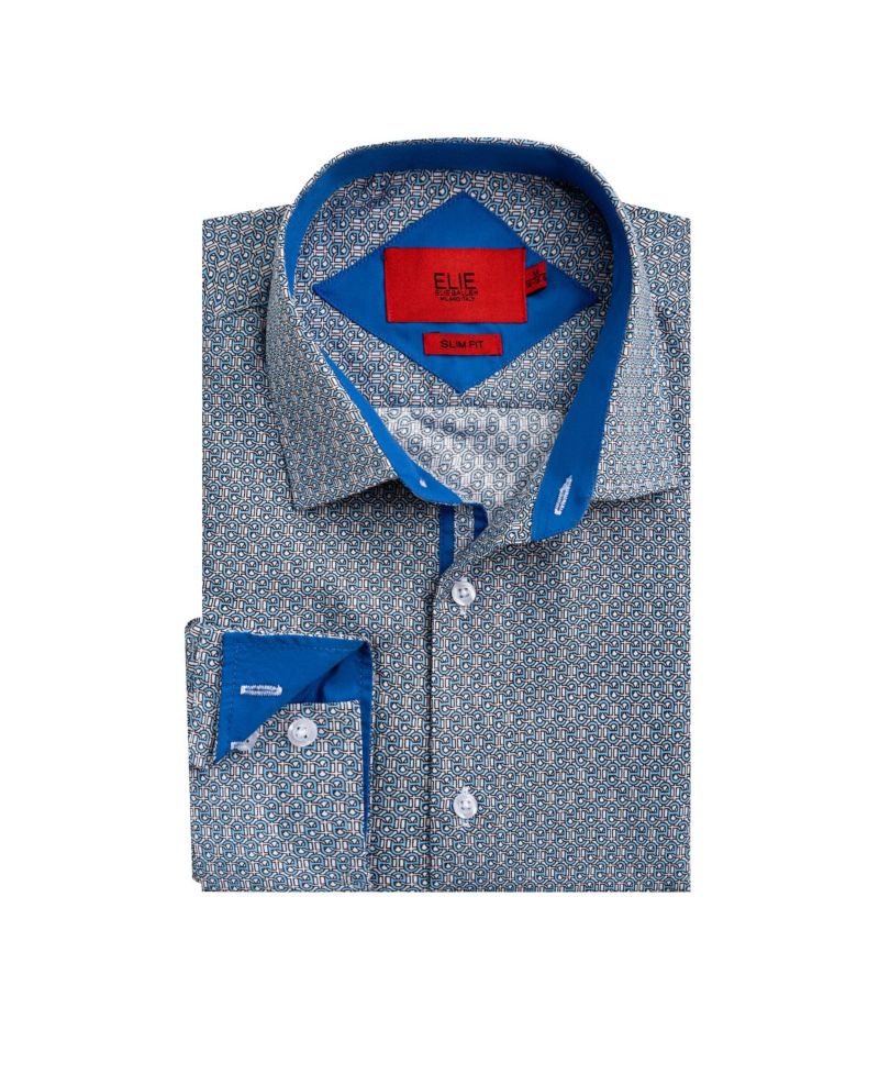 Boys White Slim Fit Geometric Print Shirt