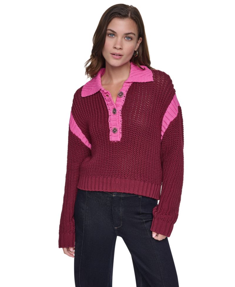 Women's Henley Colorblock Drop-Shoulder Sweater