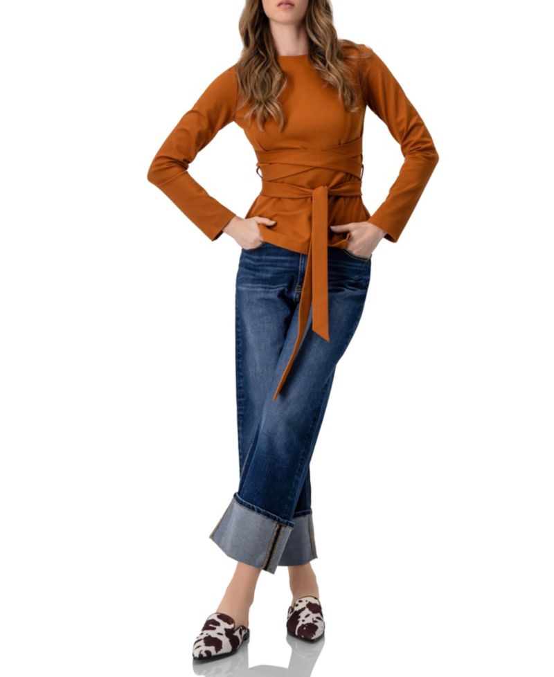 Women's Long Sleeve Top with Crossed Tie Straps