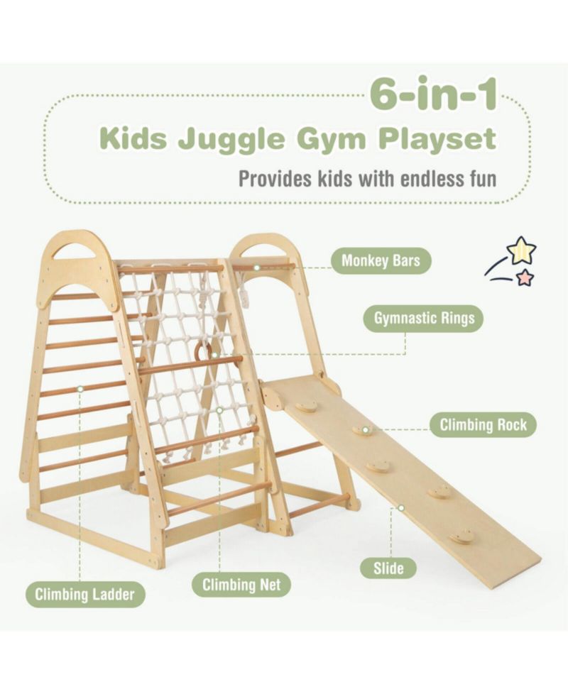 6-in-1 Wooden Kids Jungle Gym Playset with Reversible Slide and Removable Tent