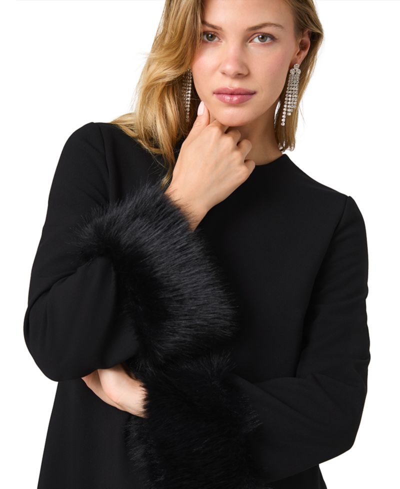 Women's Whisper Faux-Fur-Trimmed A-Line Long-Sleeve Dress