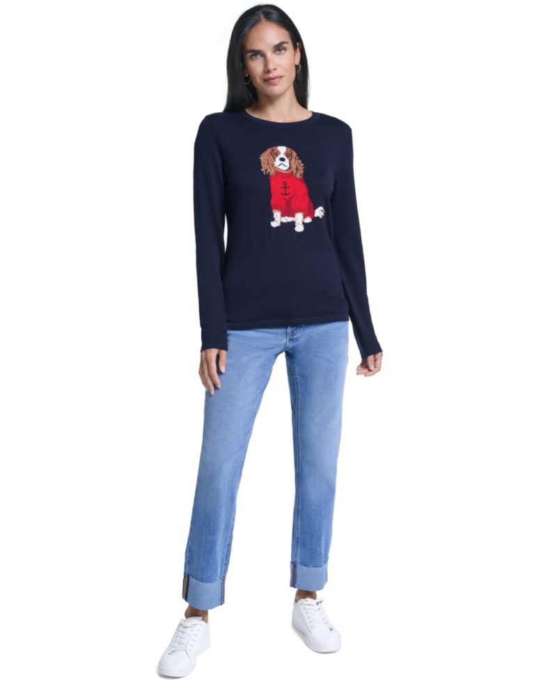 Women's Intarsia Dog Long-Sleeve Crewneck Sweater