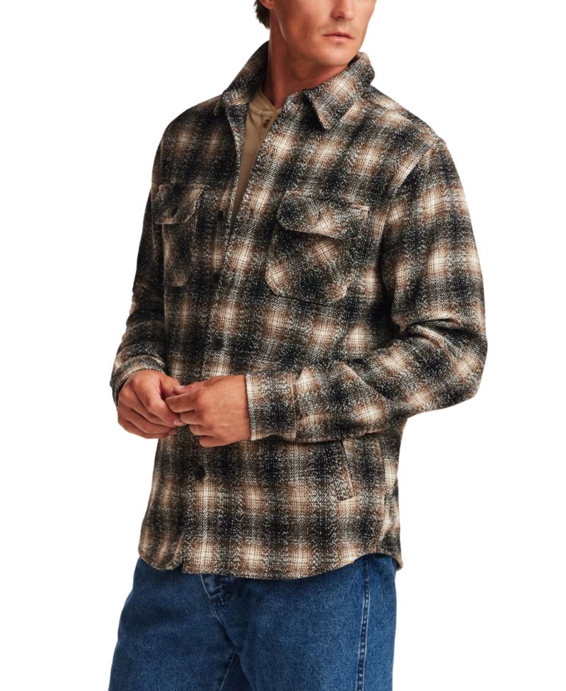 Men's Wool Blend Brushed Plaid Shirt Jacket