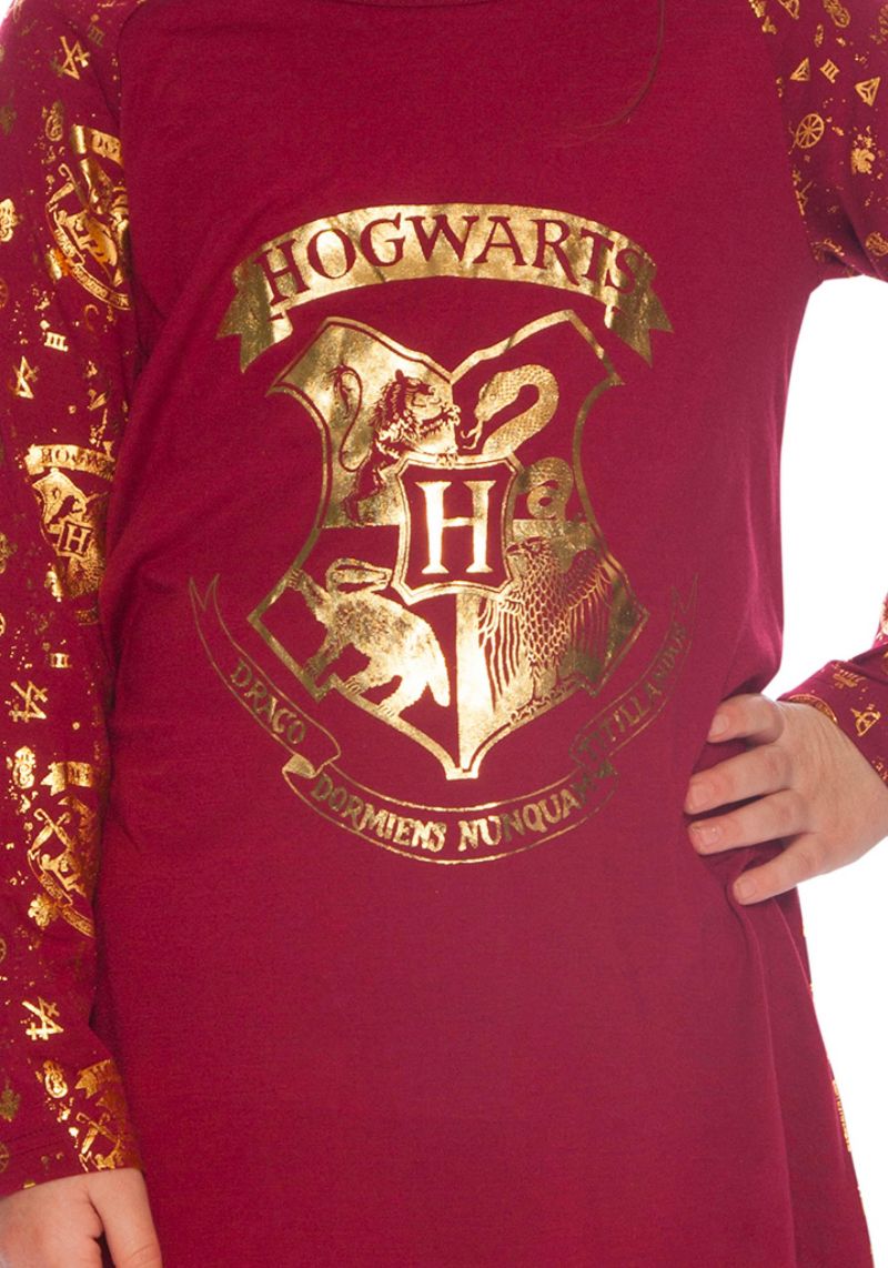 Big Girls Nightgown Hermione Gold Foil Hogwarts Castle Crest Long-Sleeve Pajama Lounge Sleepwear